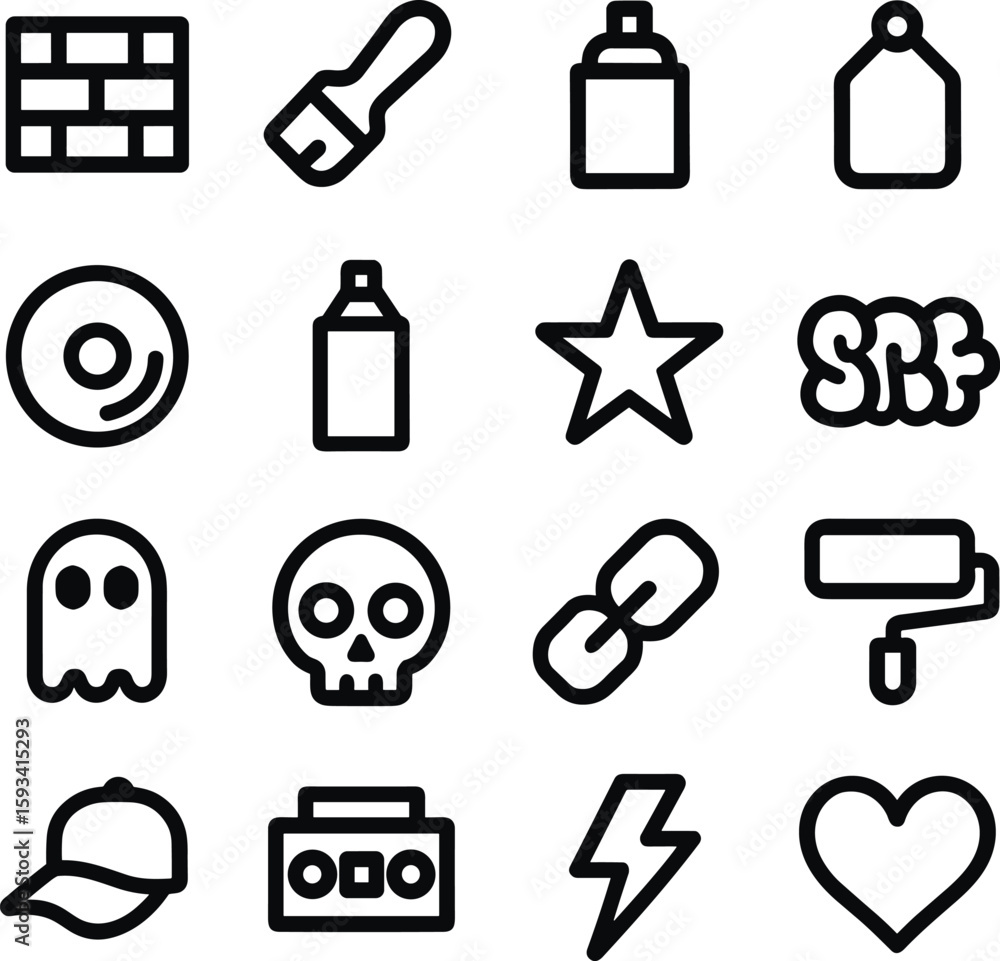 Poster black outline simple graffiti element style icon set collection