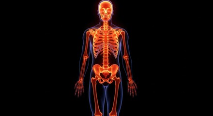 Human skeleton anatomy glowing orange against black background