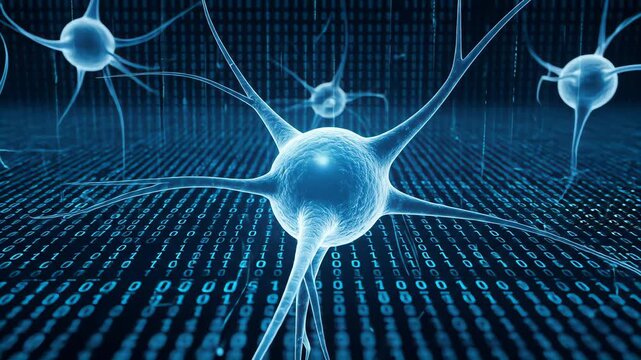 Glowing Blue Neurons on Binary Code Background