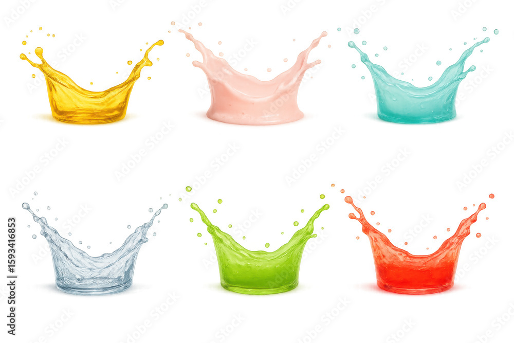 Poster set of six colorful liquid splashes, isolated on transparent background, creating a vibrant and dyna