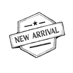 New Arrival Badge with star and ribbon, hand-drawn sketch illustration, black and white. Product launch, fresh collection, latest update concept, for e-commerce, retail promotions, marketing banners