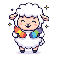 Fototapeta premium Cute Smiling Lamb Character Holding Rainbow Socks Adorable Vector Illustration for Children's