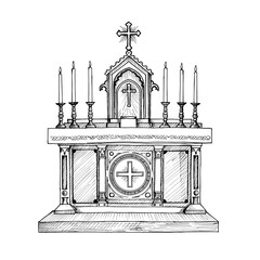 Altar with candles, hand-drawn sketch in traditional Christian style. Religious worship, spirituality, sacred space concept, for church publications, spiritual blogs, faith-based designs