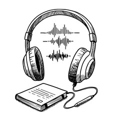 Audio lesson icon with headphones and sound waves, hand-drawn sketch illustration, black and white. E-learning, audio education concept, for educational apps, online courses, podcast covers