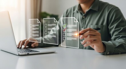 A person checks off a completed task on a digital checklist displayed on a holographic interface