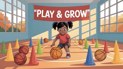 preschool sports room with colorful cones and basketballs, illuminated by early morning light, creating a playful atmosphere. Sports classroom with many colorful cushions, created with generative ai