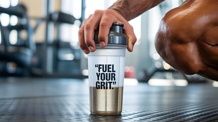  man hand with protein shaker at gym. Fitness healthy lifestyle concept. Supplement product, creatine, glutamine for workout, Bodybuilder during strength training, created with generative ai