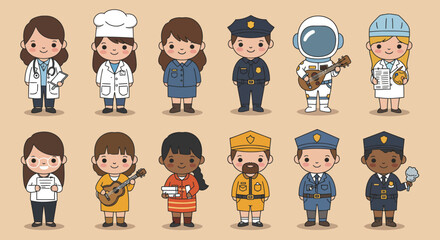 Cartoon illustration of people in various professions on a beige background