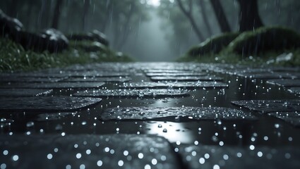 Close-up of a wet stone path under heavy rain, with reflective droplets and a blurred forest backdrop. Shot with shallow depth, soft cinematic lighting, and a calm, somber tone.