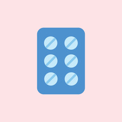 Illustration of a tablet strip packaging containing six blue pills on a pink background, suitable for health, pharmacy, and medical themes.