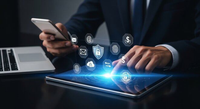Businessman using smartphone and tablet with digital security icons and network connections - Powered by Adobe