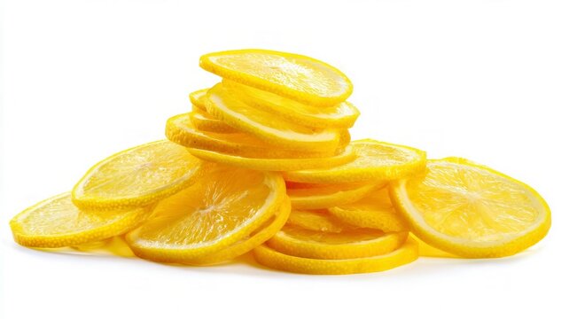 Vivid lemon slices on solid white background. AI image