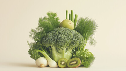 Fresh green vegetables and fruits on a beige background. Balancing Organic Products 