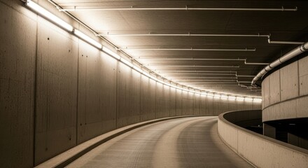 Curving concrete ramp illuminated by linear lights in a modern parking garage