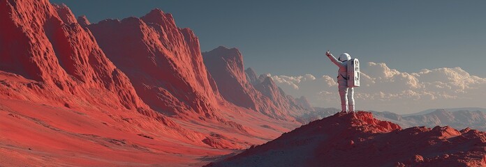 An astronaut standing on the red Martian gives a thumbs up.