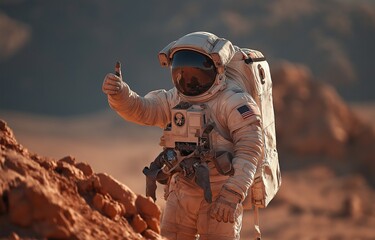 An astronaut standing on the red Martian gives a thumbs up.