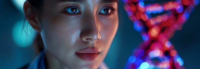 DNA strands and data processing over an Asian female hospital doctor