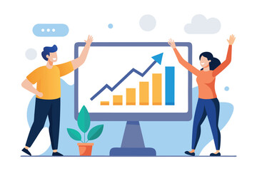 A team celebrates business growth with a rising chart on a computer screen