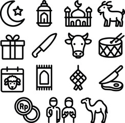 Simple Outline Eid Al-Adha Celebration Symbol and Islamic Holiday Icon Set