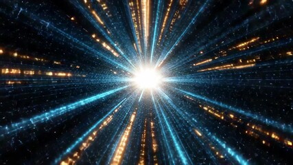 Bright light beams create cosmic explosion with blue and gold particles radiating outward in space - Powered by Adobe