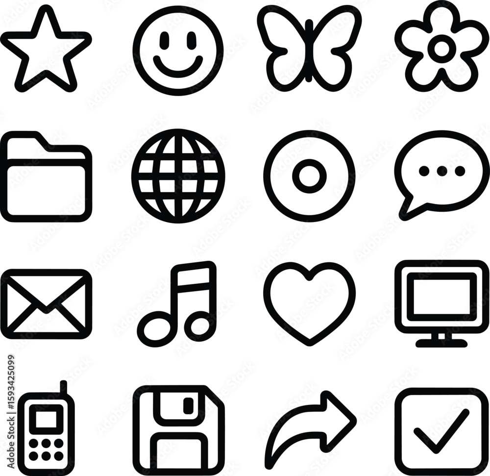 Poster simple handdrawn outline miscellaneous symbol and object icon set collection
