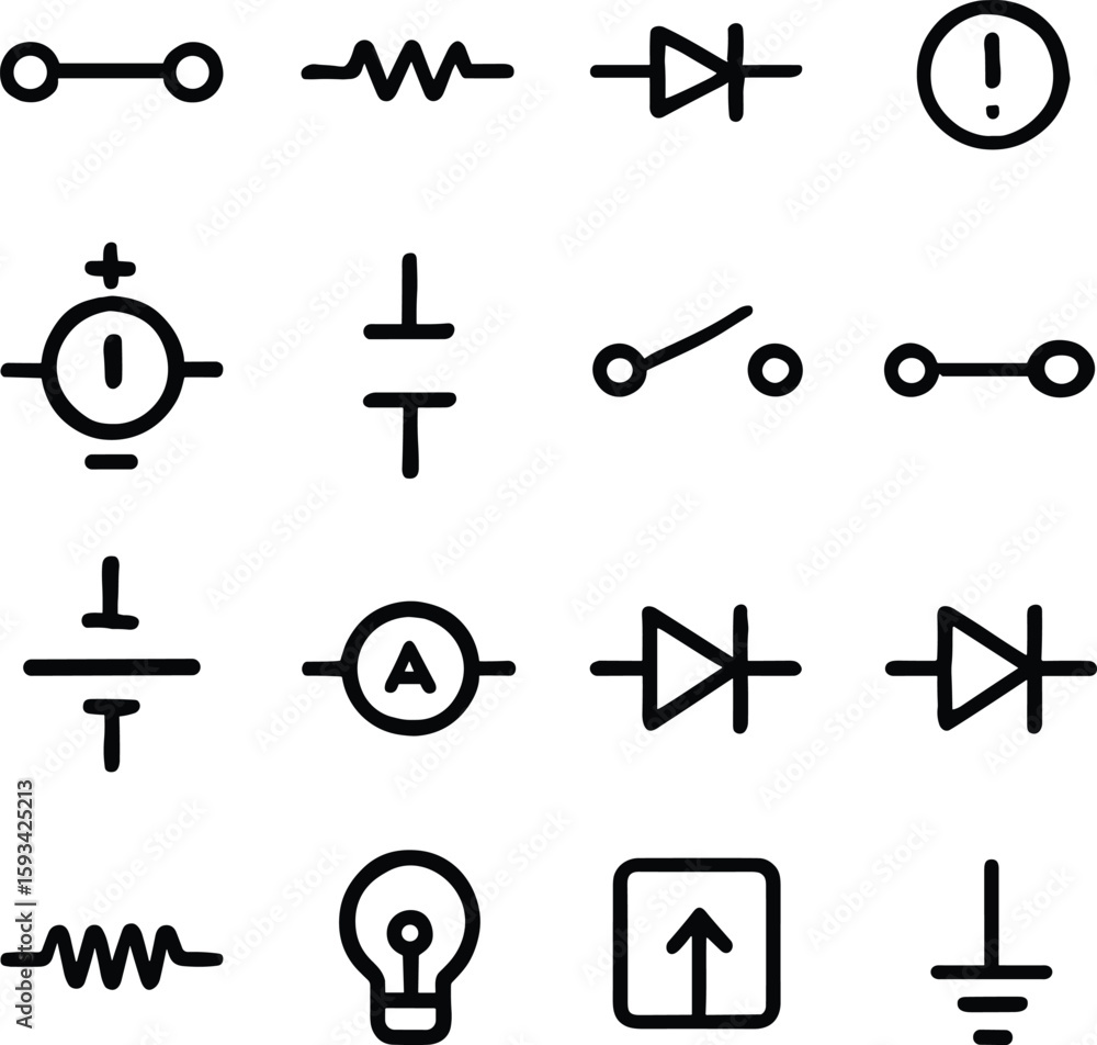 Poster simple line electrical component and circuit symbol icon element set