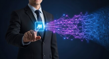 Businessman interacts with ai technology data streams and binary code