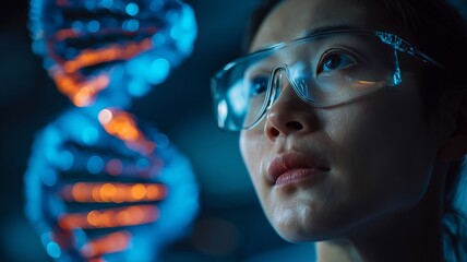 DNA strands and data processing over an Asian female hospital doctor