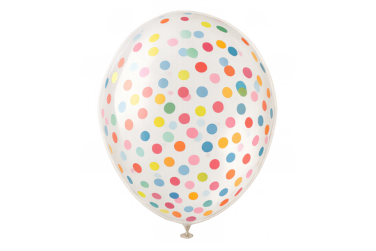 Single white balloon with colorful polka dots floating on a transparent background, perfect for party invitations or celebratory designs - Powered by Adobe