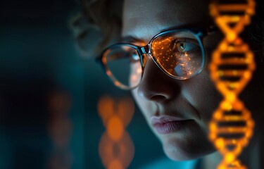 DNA strands and data processing over an Asian female hospital doctor