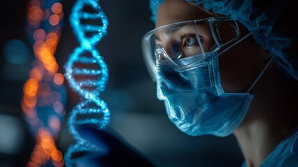 DNA strands and data processing over an Asian female hospital doctor