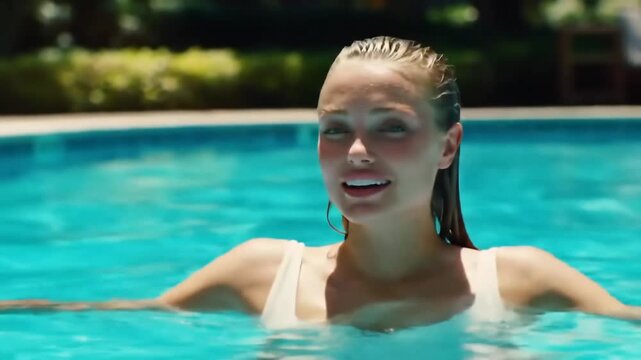 A fair skinned woman with wet blonde hair in a white swimsuit in a blue swimming pool outdoors