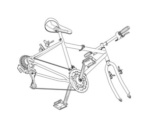 Outline Illustration of Bicycle Components: Simple Monochrome Line Art depicting a Bike Schematic, perfect for Engineering, Industrial Design, CAD Drawings and Product Concepts on White.