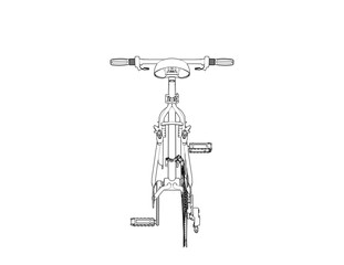 Detailed outline of a bicycle frame with handlebars, seat, and pedals, rendered as a technical drawing. This high-resolution vector illustration is isolated on a PNG Transparent HD Background,