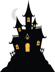 Silhouette of a spooky Halloween castle on a hilltop, with glowing windows.