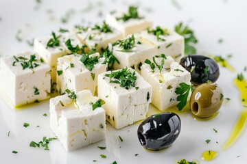 Marinated feta with olives on plate. AI generated