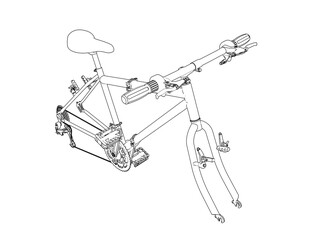 Fototapeta premium Outline Illustration of Bicycle Components: Simple Monochrome Line Art depicting a Bike Schematic, perfect for Engineering, Industrial Design, CAD Drawings and Product Concepts on White.
