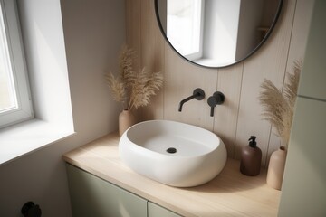 Minimalist bathroom design featuring a stylish oval sink and neutral decor