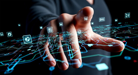 Hand reaching out over circuit board with digital icons floating above.