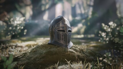 Lost Relic: Medieval Knight's Helmet Abandoned in a Forest Clearing