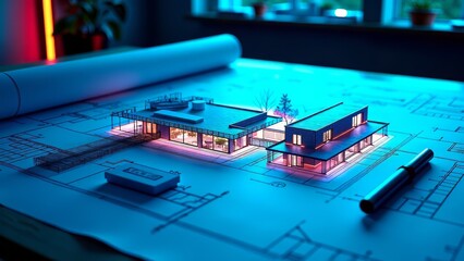 Architectural blueprint and house model in blue light