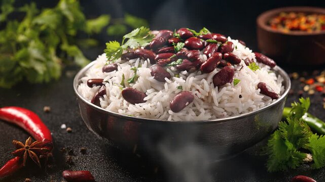 Rajma chawal indian food on dark background with smoke