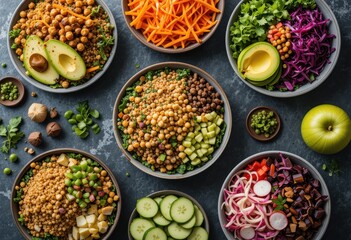 Vibrant assortment of balanced bowls, each offering a unique medley of nutritious ingredients