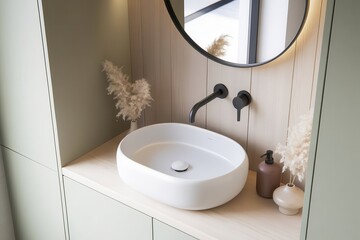 Modern minimalist bathroom interior with round mirror and sink bowl detail
