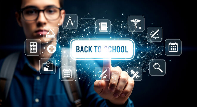 Smart student navigating back to school resources with digital interface. - Powered by Adobe