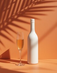 Tropical ambiance with white wine bottle and glass casting palm leaf shadows