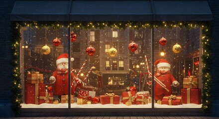 Festive Christmas window display featuring Santa Claus figures, presents, and holiday decorations.