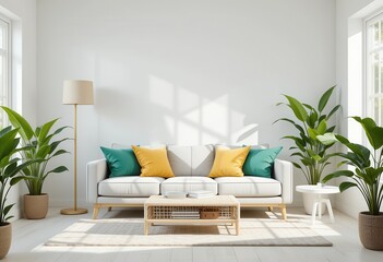 Bright living room with comfortable sofa, indoor plants, and natural light