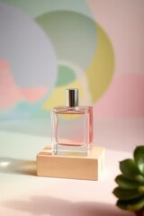 Sophisticated perfume bottle on a wooden base with an artistic backdrop