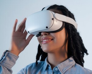 Young woman experiencing immersive virtual reality with modern headset